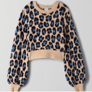 Aritzia Sunday Best Kitten Leopard Print Casual Cozy Sweater Blue/Tan Size M